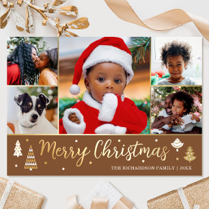 Gold Christmas Tree Custom Photo Brown Luxury Foil Holiday Card