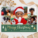 Gold Christmas Tree Custom Photo Forest Green Foil Holiday Card<br><div class="desc">Spread the Holiday cheer with luxury gold foil Christmas cards! Six personalised photos along with your family name and a greeting on the back. This custom design features decorative trees and stars, with the words 'Merry Christmas' in festive script lettering. Perfect for photos of kids, family, friends and pets. Colours:...</div>
