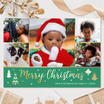 Gold Christmas Tree Custom Photo Green Luxury Foil Holiday Card<br><div class="desc">Spread the Holiday cheer with luxury gold foil Christmas cards! Six personalised photos along with your family name and a greeting on the back. This custom design features decorative trees and stars, with the words 'Merry Christmas' in festive script lettering. Perfect for photos of kids, family, friends and pets. Colours:...</div>