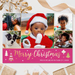 Gold Christmas Tree Custom Photo Pink Luxury Foil Holiday Card<br><div class="desc">Spread the Holiday cheer with luxury gold foil Christmas cards! Six personalised photos along with your family name and a greeting on the back. This custom design features decorative trees and stars, with the words 'Merry Christmas' in festive script lettering. Perfect for photos of kids, family, friends and pets. Colours:...</div>