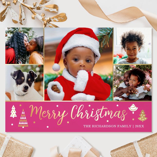 Gold Christmas Tree Custom Photo Pink Luxury Foil Holiday Card (Creator Uploaded)
