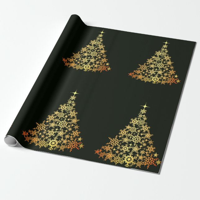 Gold Christmas Tree Dark Green Wrapping Paper (Unrolled)