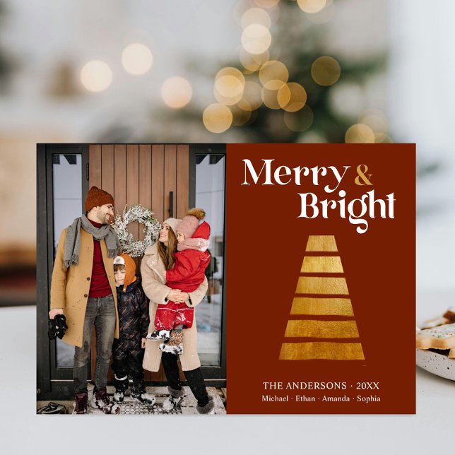 Gold Christmas Tree Family Photo Venetian Red  Holiday Card (Creator Uploaded)