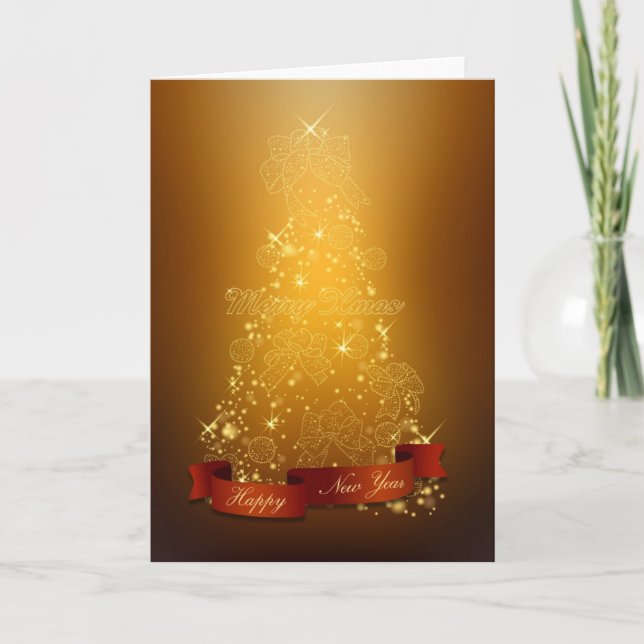 Gold Christmas Tree-Happy New Year-Merry Christmas Holiday Card (Front)