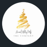 Gold Christmas Tree Holiday Party Classic Round Sticker<br><div class="desc">Gold Christmas Tree Holiday Party Stickers. If you are hosting a holiday party this design is perfect for all types of seasonal events. Designed with a white background that can be customised to the colour of your choice and a golden faux foil Christmas tree, this festive holiday party sticker is...</div>
