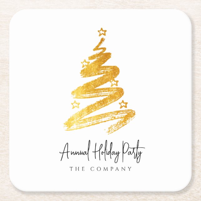 Gold Christmas Tree Holiday Party  Square Paper Coaster (Front)