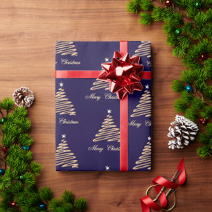 Gold Christmas Tree on Navy Background Wrapping Paper