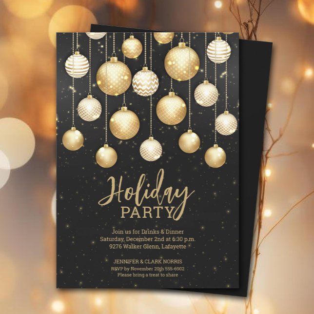 Gold Christmas Tree Ornaments Black Invitation (Creator Uploaded)