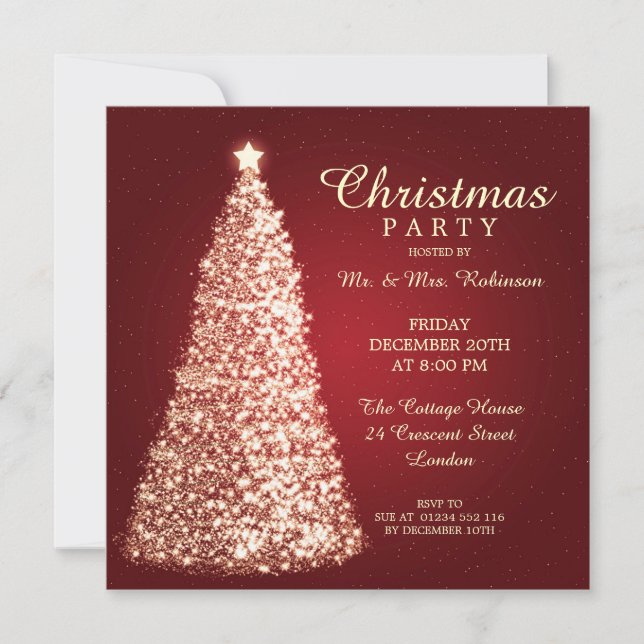 Gold Christmas Tree Party Red Invitation (Front)