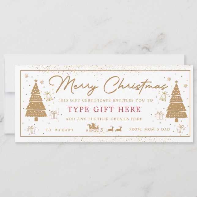 Gold Christmas Tree Present Gift Voucher Card (Front)