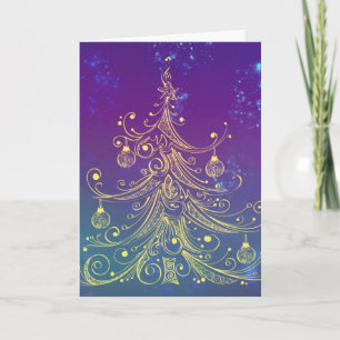 Gold Christmas Tree Purple Teal Motif Holiday Card