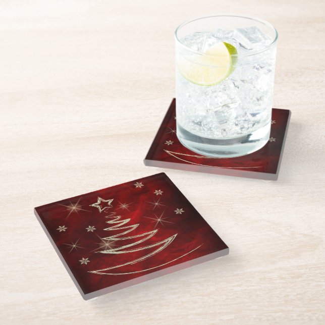 Gold Christmas Tree Red Glass Coaster (Angled)