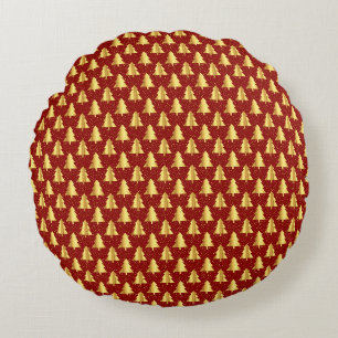 Gold Christmas Tree Seamless Pattern on Red Round Cushion
