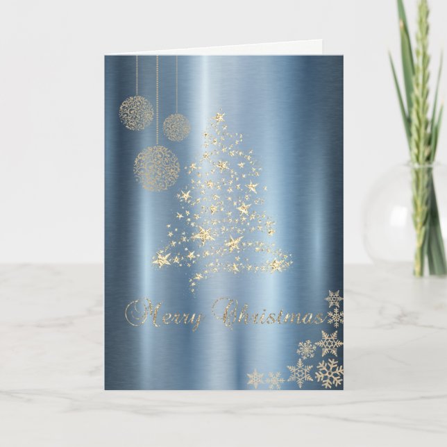 Gold Christmas Tree,Snowflakes Blue Metallic Holiday Card (Front)
