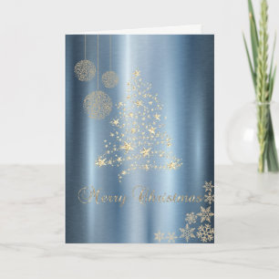 Gold Christmas Tree,Snowflakes Blue Metallic Holiday Card