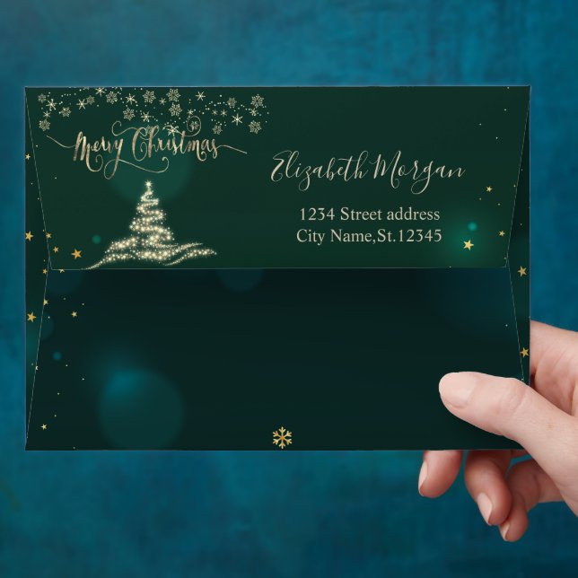  Gold Christmas Tree Snowflakes Green Christmas Envelope (Hand)