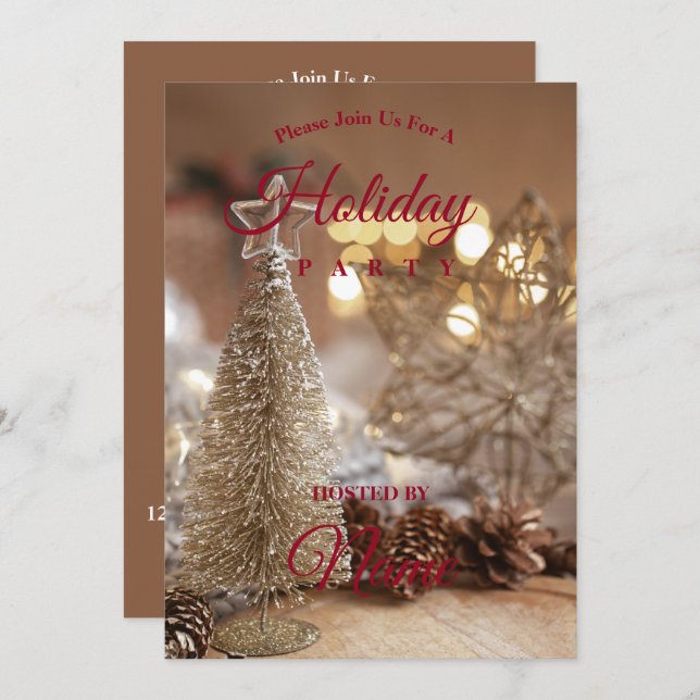 Gold Christmas Tree,Stars Glittery Invitation (Front/Back)