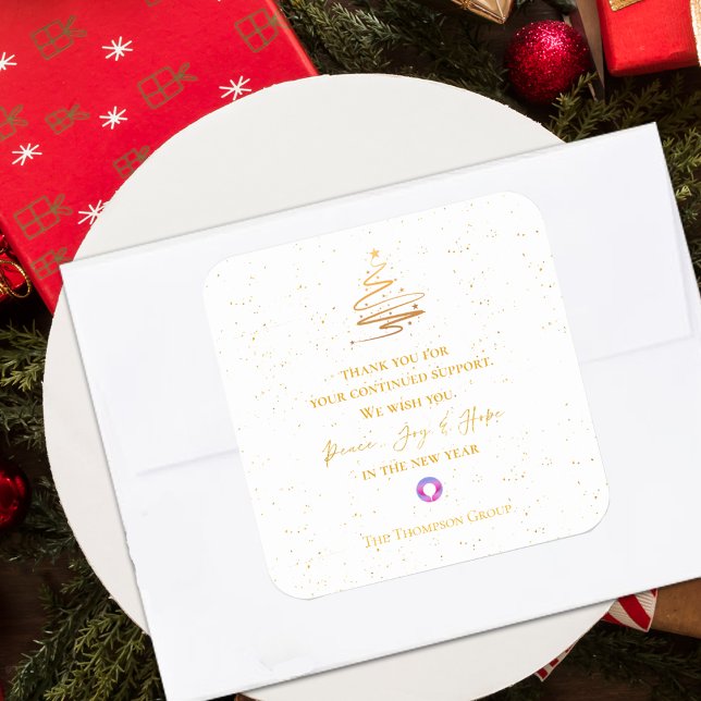 Gold Christmas Tree Thank You Message Corporate Square Sticker (Gold Christmas Tree Thank You Message Corporate Square Sticker)