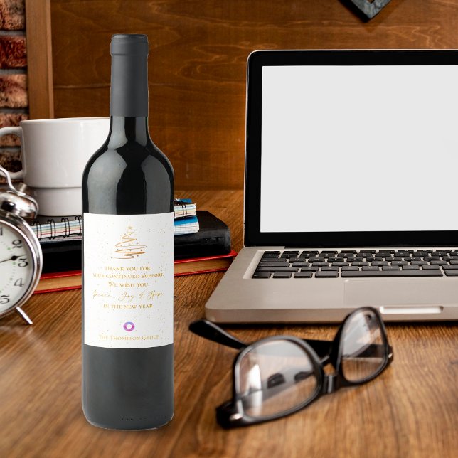 Gold Christmas Tree Thank You Message Corporate Wine Label (Gold Christmas Tree Thank You Message Corporate Wine Label)