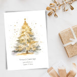 Gold Christmas Tree Watercolor Personalised  Holiday Card<br><div class="desc">A sophisticated holiday card featuring a hand-painted watercolor Christmas tree in shimmering gold and grey tones,  accented by scattered golden splatters. The classic serif greeting and customisable message below make it ideal for corporate or business holiday mailings.</div>