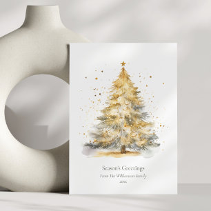 Gold Christmas Tree Watercolor Personalised Holiday Card