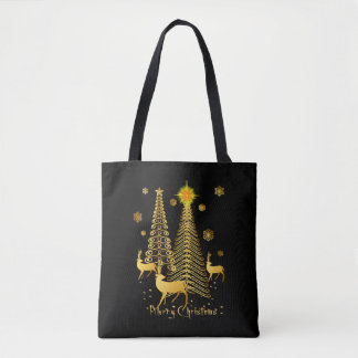 Gold Christmas Trees and Reindeer Tote Bag