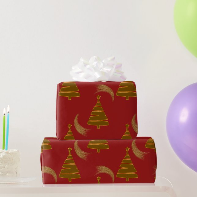 Gold Christmas Trees and Swirls Red Wrapping Paper (Party Gifts)