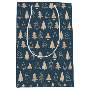 Gold Christmas Trees Midnight Blue   Medium Gift Bag