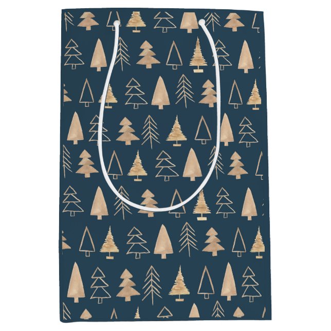 Gold Christmas Trees Midnight Blue   Medium Gift Bag (Front)