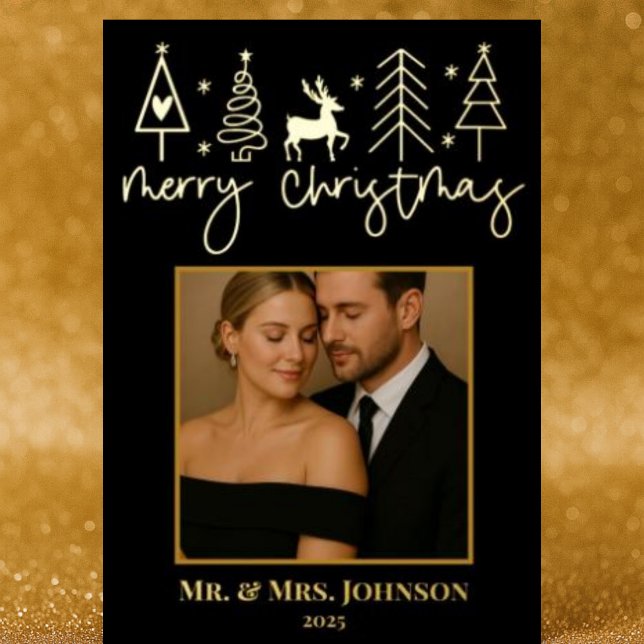 Gold Christmas Trees Mr. & Mrs. Photo Edition  Foil Holiday Card (Creator Uploaded)