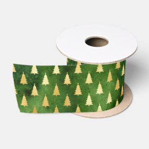 Gold Christmas Trees on Green Satin Ribbon