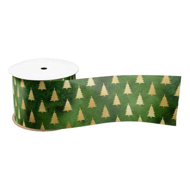 Gold Christmas Trees on Green Satin Ribbon (Spool)