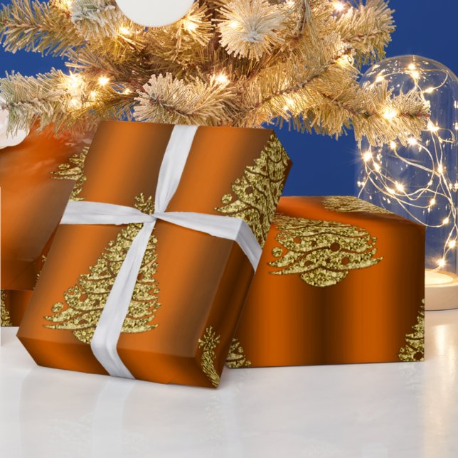 Gold Christmas Trees on Metallic Orange Wrapping Paper (Creator Uploaded)
