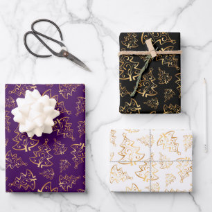 Gold Christmas Trees on Purple, Black, White Wrapping Paper Sheet