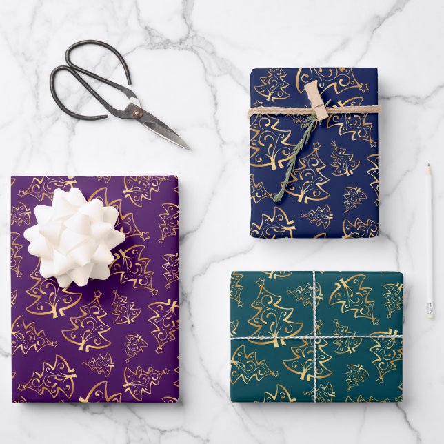 Gold Christmas Trees on Purple, Navy Blue, Teal Wrapping Paper Sheet (Front)