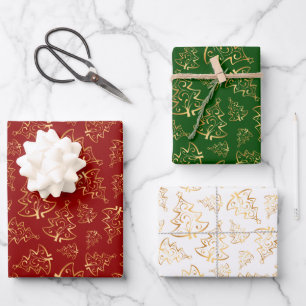 Gold Christmas Trees on Red, Green, White Wrapping Paper Sheet