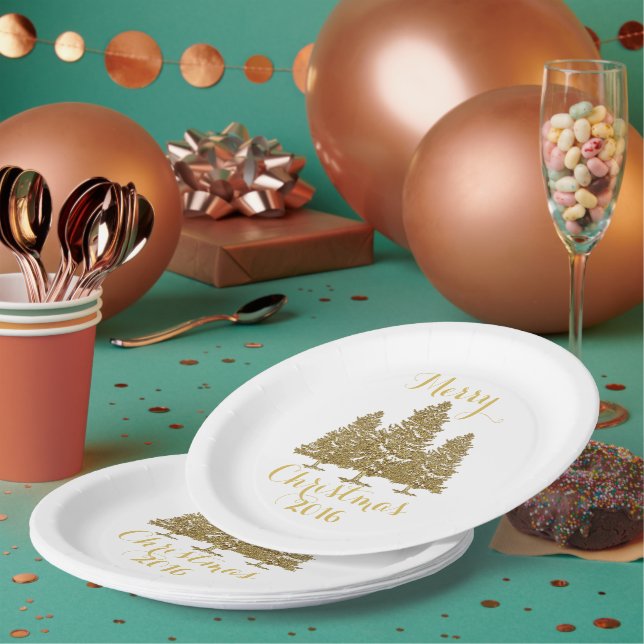 Gold Christmas Trees Paper Plate (Multi)