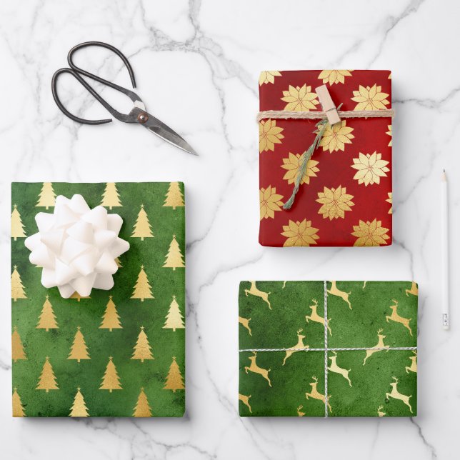 Gold Christmas Trees, Poinsettias and Reindeers Wrapping Paper Sheet (Front)