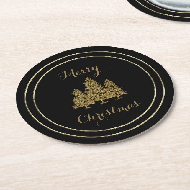 Gold Christmas Trees Round Paper Coaster (Angled)