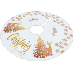 Gold Christmas Trees Stags and Snowflakes Brushed Polyester Tree Skirt