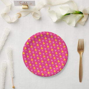 Gold Christmas Trees & White Snow Flakes, Fuchsia Paper Plate