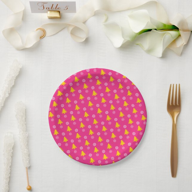 Gold Christmas Trees & White Snow Flakes, Fuchsia Paper Plate (Wedding)