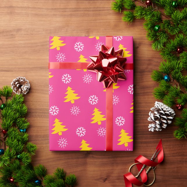 Gold Christmas Trees & White Snow Flakes, Fuchsia Wrapping Paper (Holiday Gift)