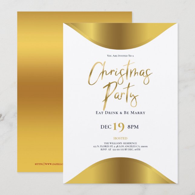Gold Christmas typography dinner party invite (Front/Back)