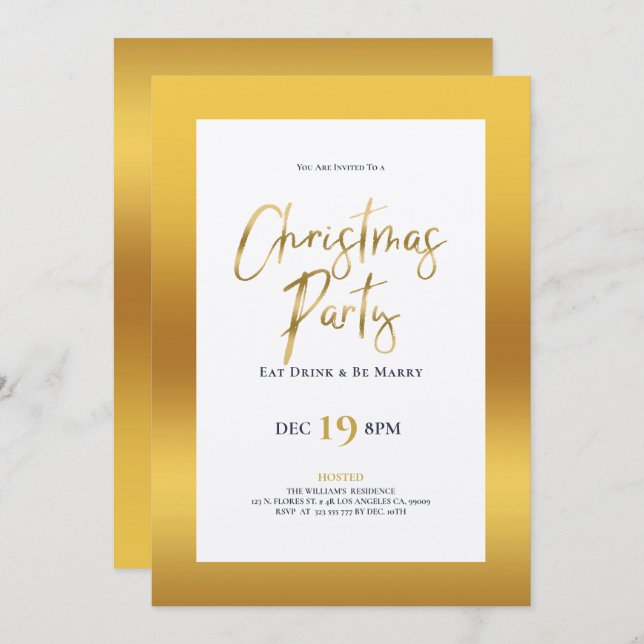 Gold Christmas typography dinner party invite (Front/Back)