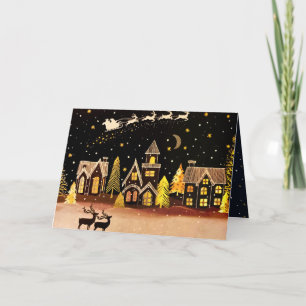 Gold Christmas Village Deer Winter Night Holiday Card