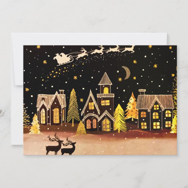 Gold Christmas Village Deer Winter Night Holiday Card (Front)