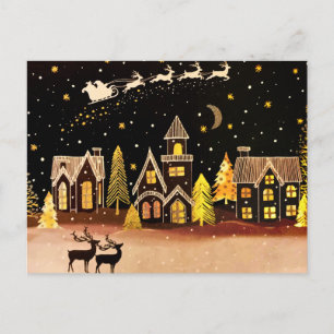 Gold Christmas Village Deer Winter Night Holiday Postcard