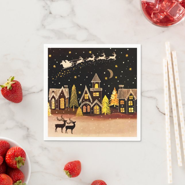 Gold Christmas Village Deer Winter Night Napkin (Insitu)
