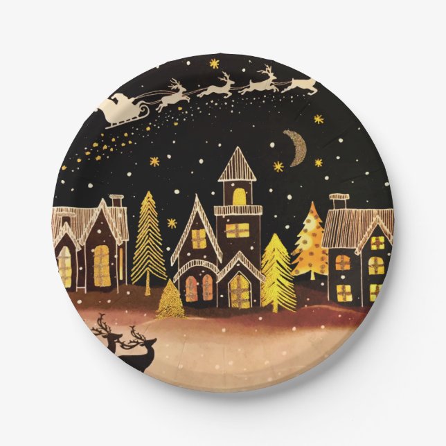 Gold Christmas Village Deer Winter Night Paper Plate (Front)